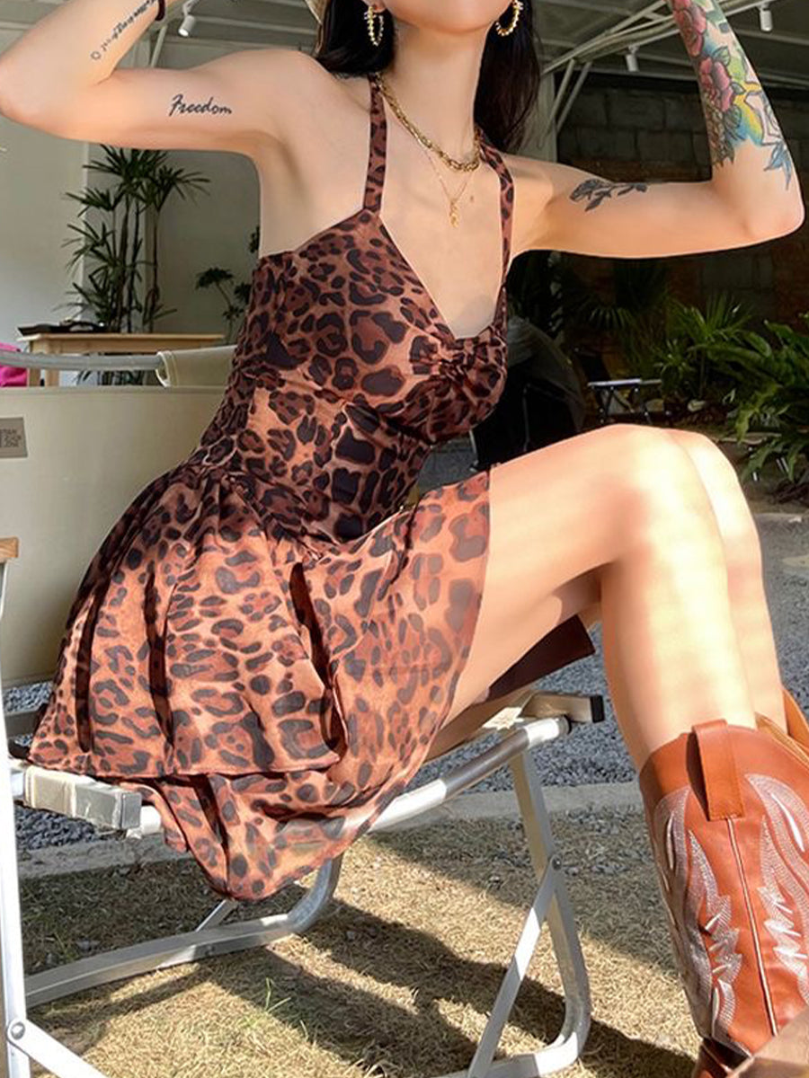 Brown Leopard Print Halter Dress