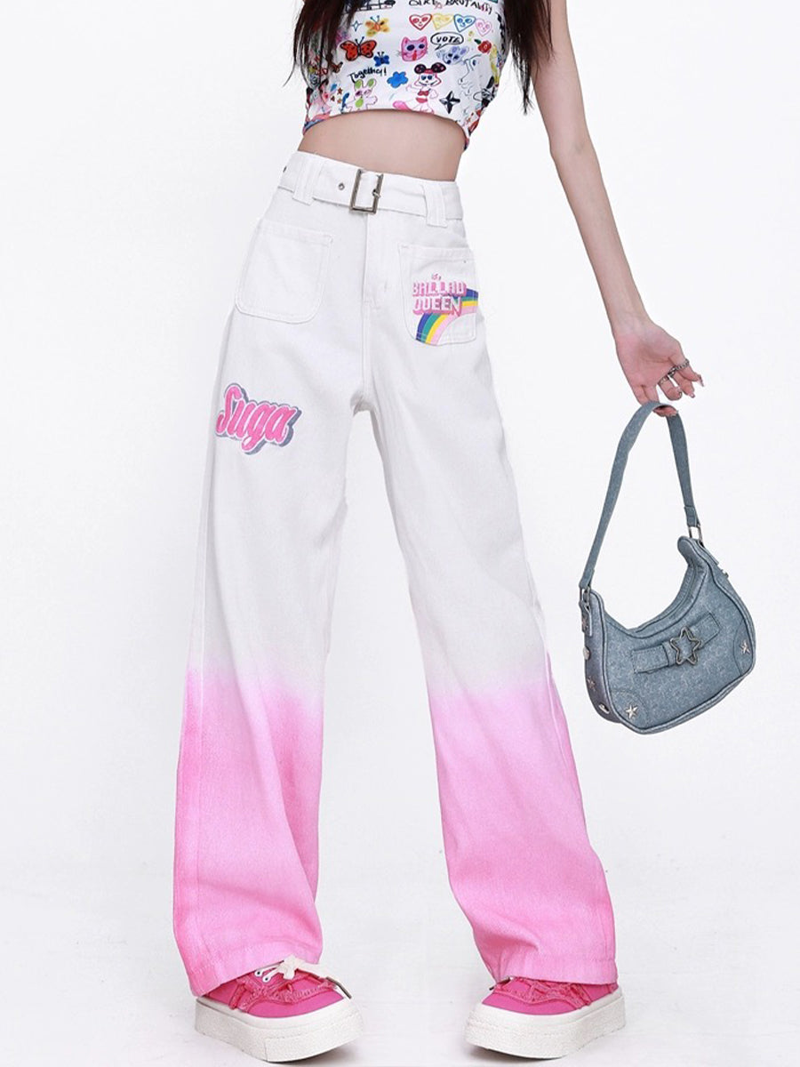 Gradient Color Cartoon Print Cargo Jeans Pants
