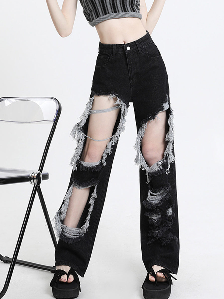 Black High-Waisted Baggy Wide-Leg Ripped Jeans