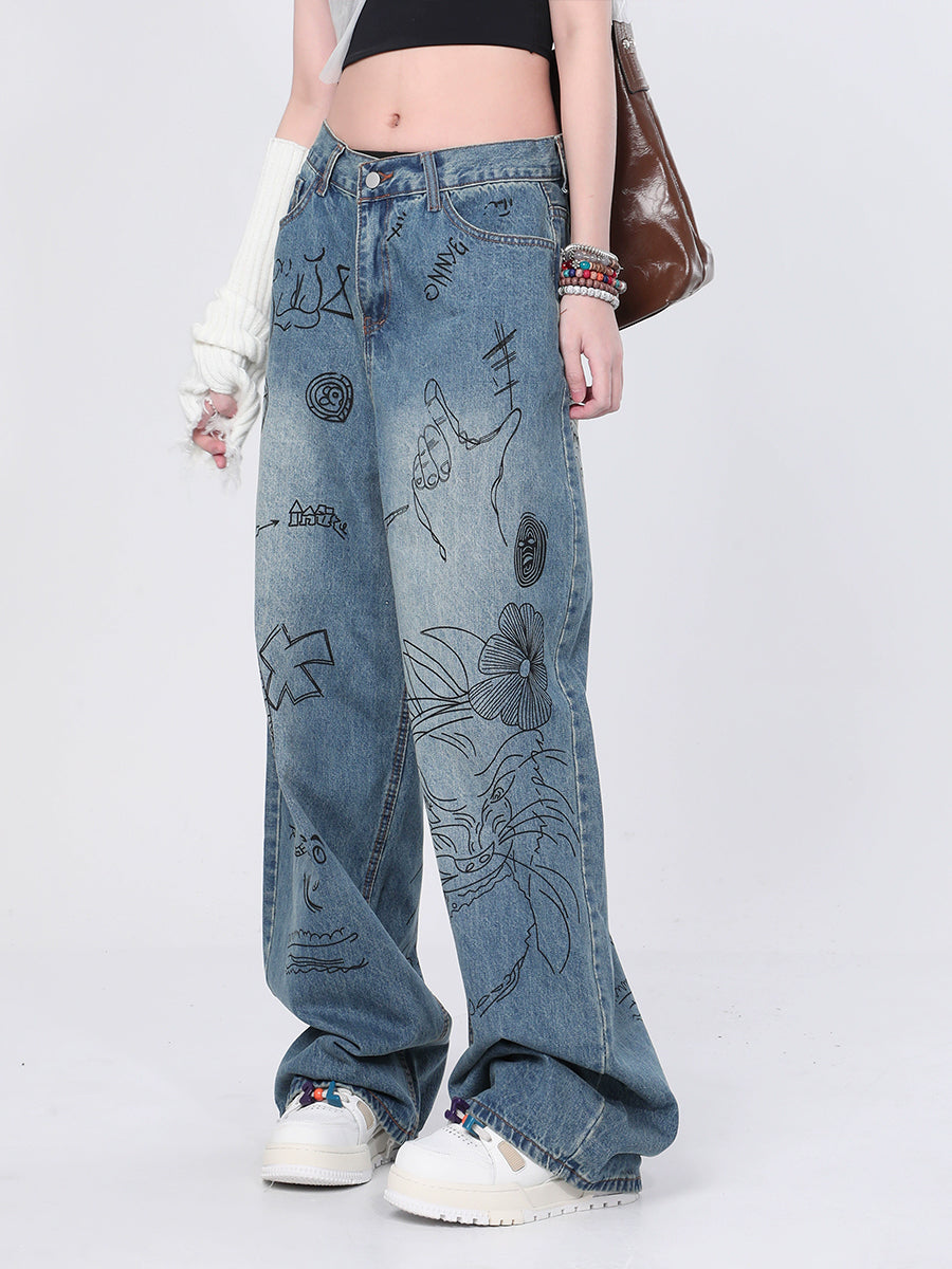 Vintage Loose Black Graffiti Print Casual Jeans