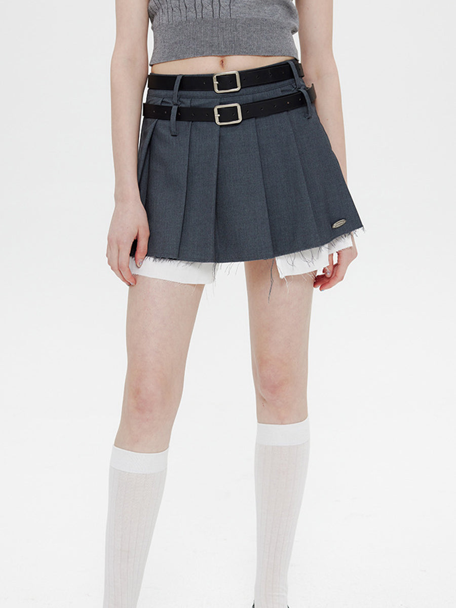 Fake Two Piece Belt Pleated Skirt