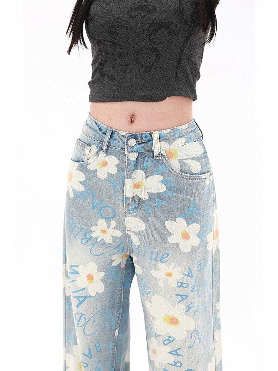 Daisy Printed Loose Fit Denim Jeans