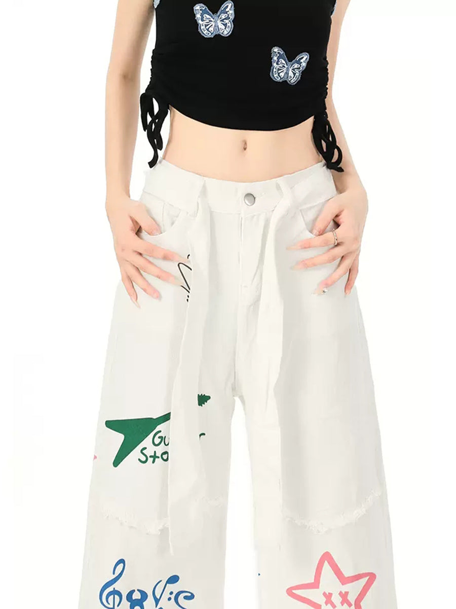 Pentagram Butterfly Print Denim Loose Pants