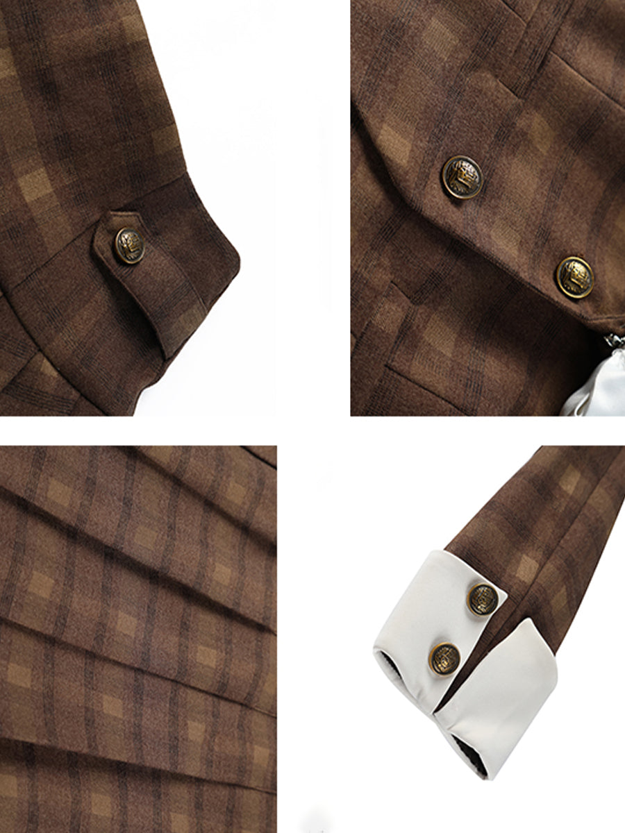 Brown Plaid Jacket Top with Bow and Plaid Pleated Skirt Set