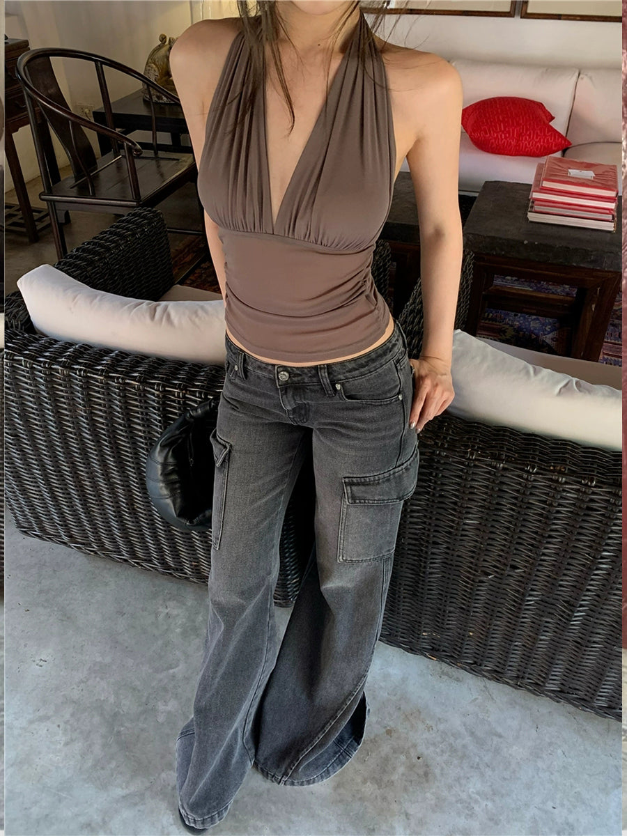 Solid Color Sleeveless Mesh Halter Top