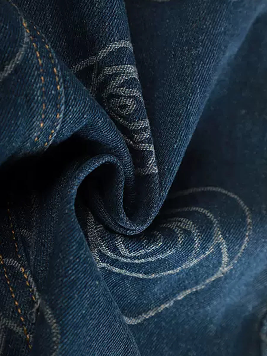 Rose Printed Belt Decoration Blue Denim Skirt