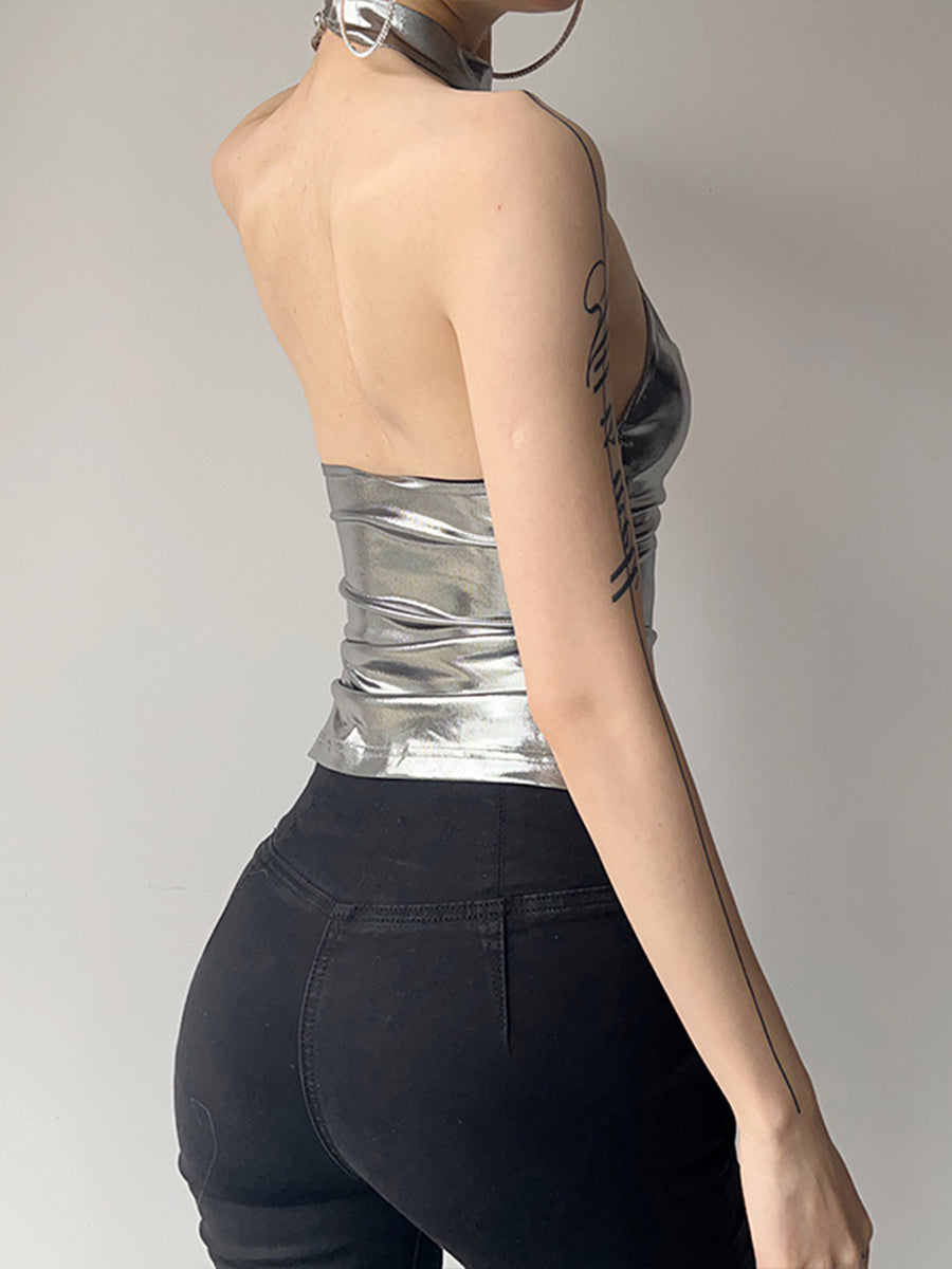 Silver Shiny Chain Halter Top