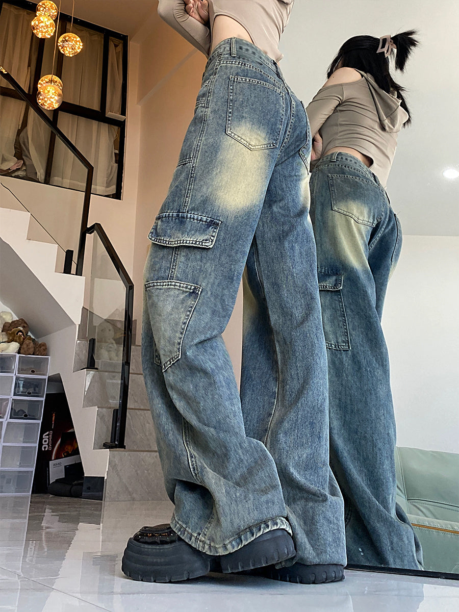 Vintage Large Pocket Straight Leg Denim Jeans