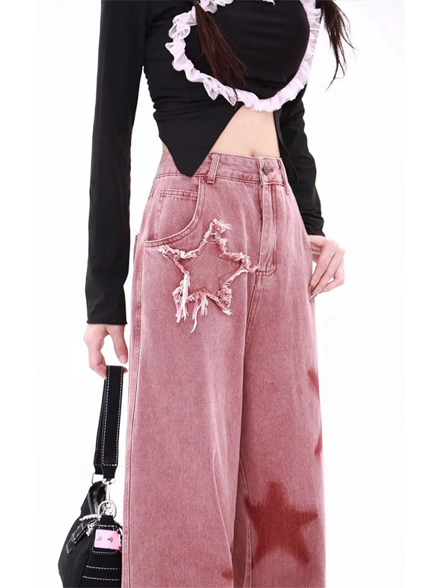 Pink Stars Raw Hem Loose Fit Denim Jeans