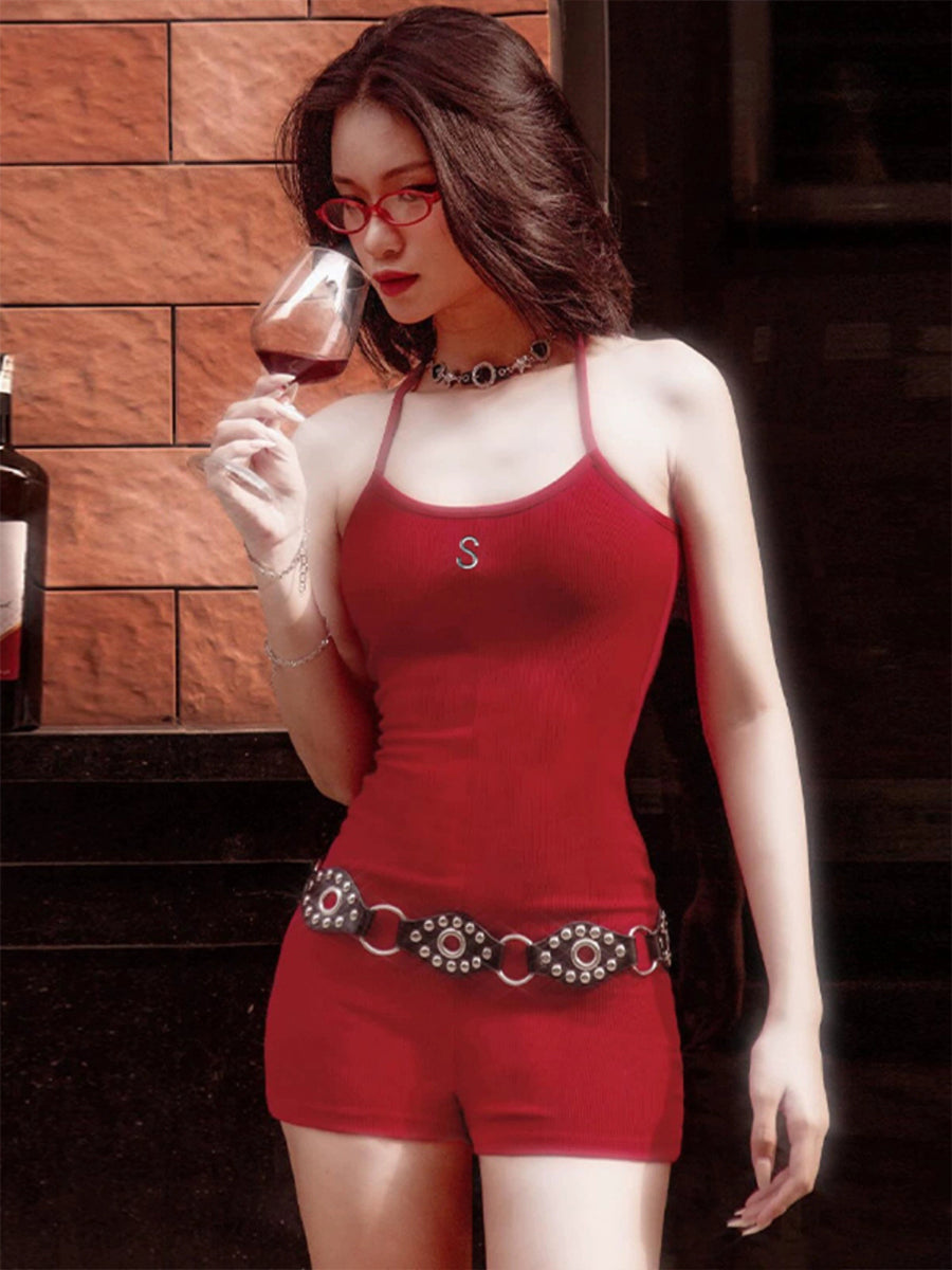 Sexy Slim Strappy Back Bodysuit with Belt