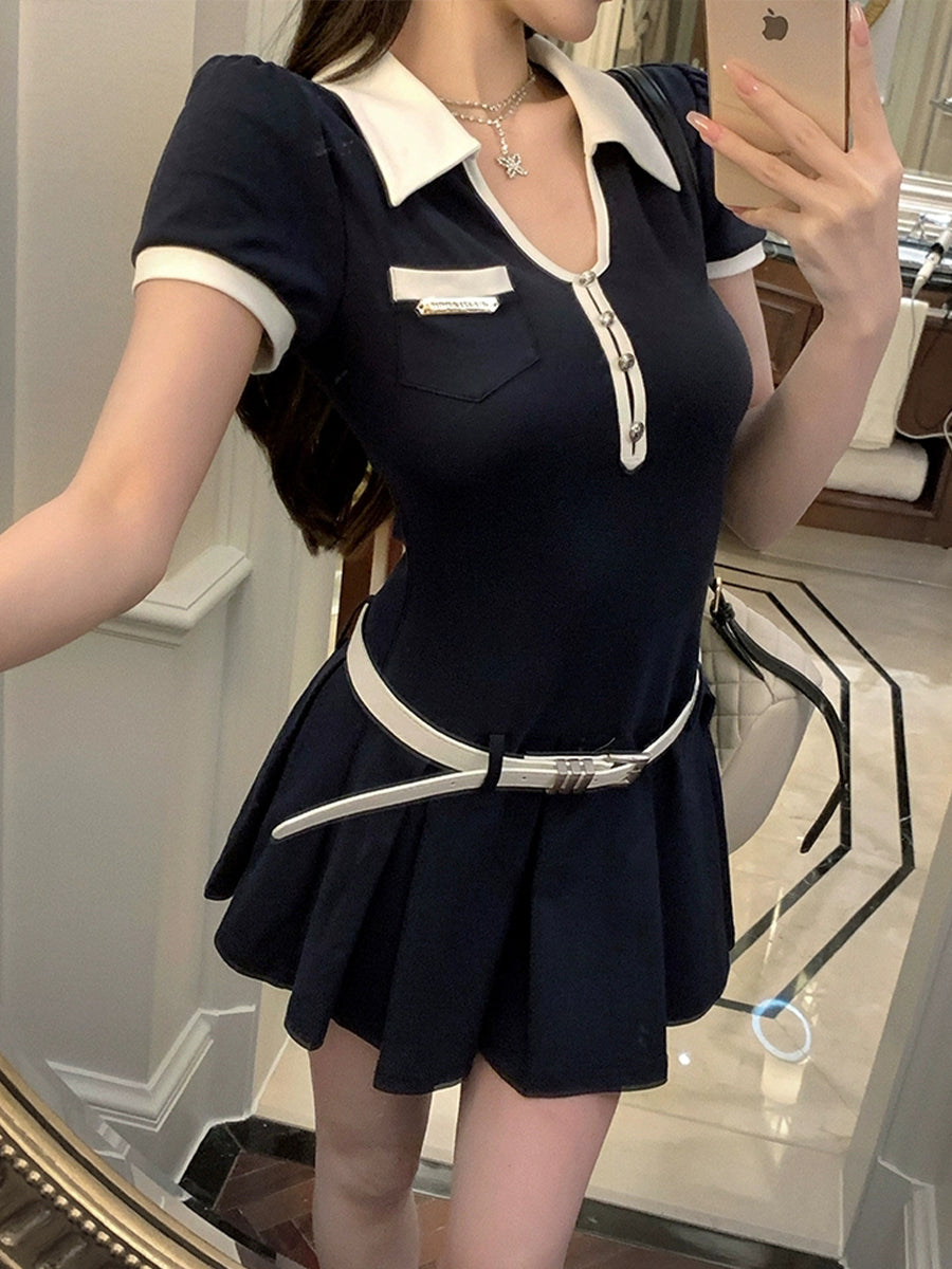 Blue Slim Fit Stretch Polo Shirt Dress with Belt
