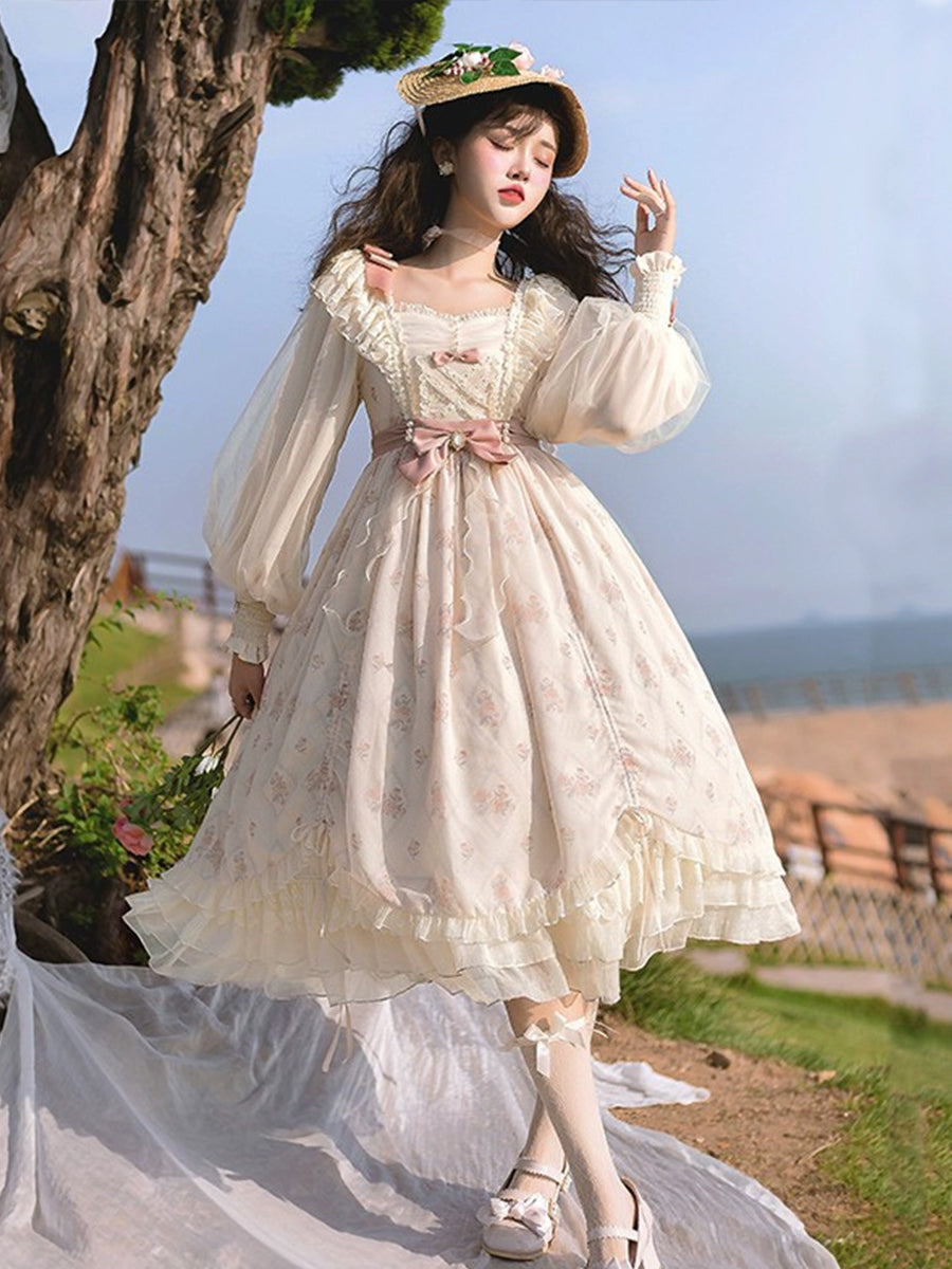 Girls Lolita Princess Dress Kawaii Long Sleeve Chiffon Skirt Cute Girl Dress