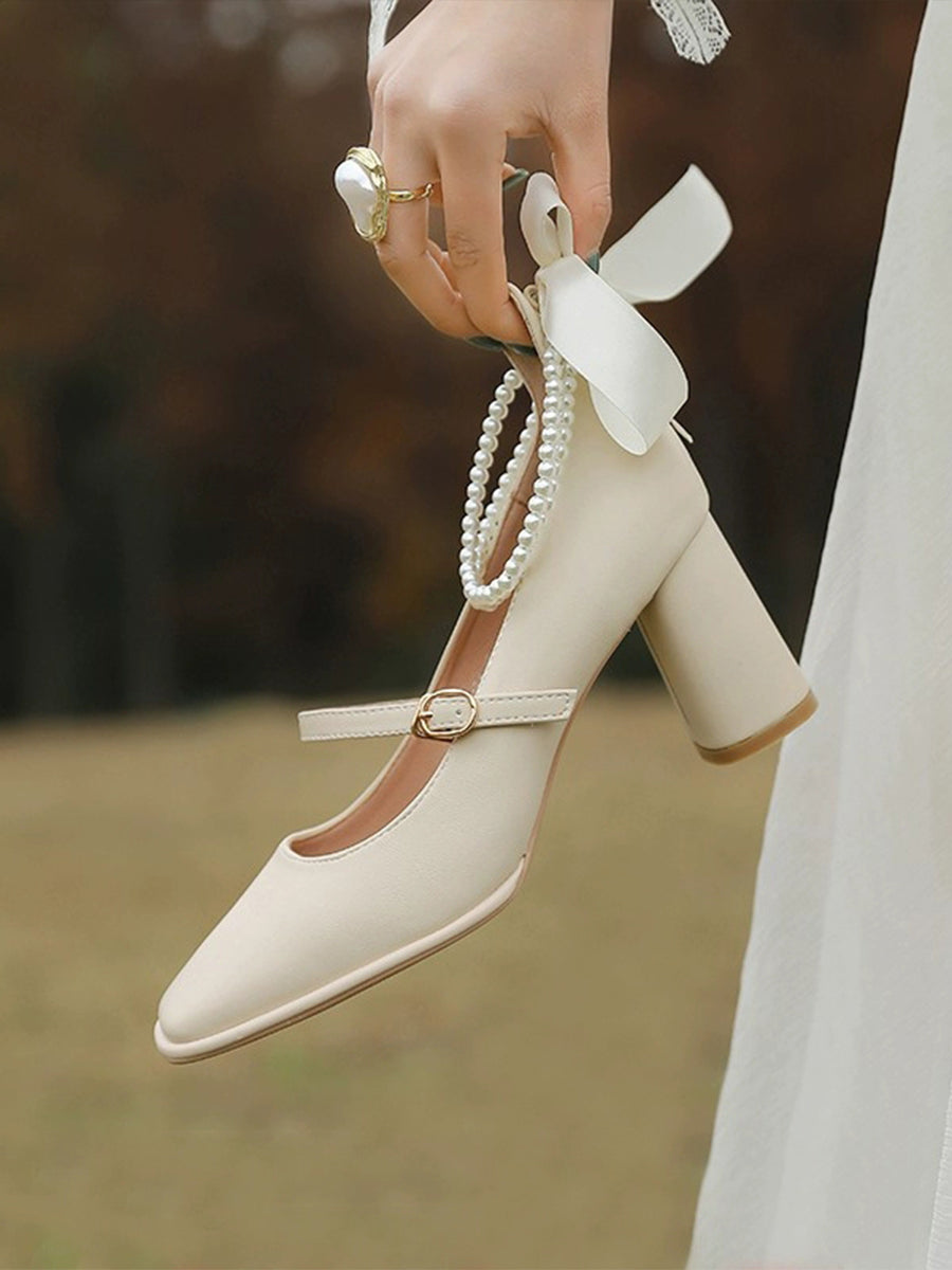 Square Toe Block Heels Mary Jane Pumps with Double Layered Pearls Chain