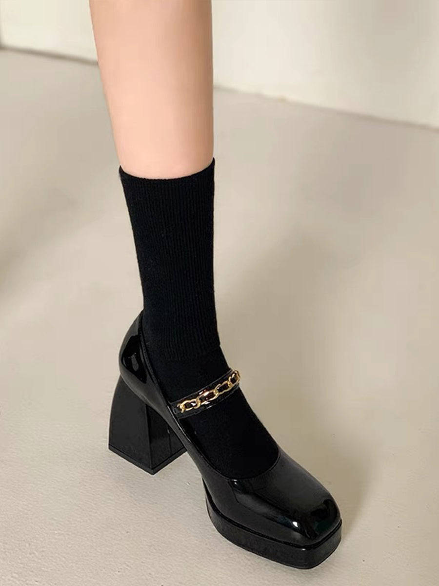 Metal Chain Pearl Chunky Heel Mary Jane Pumps