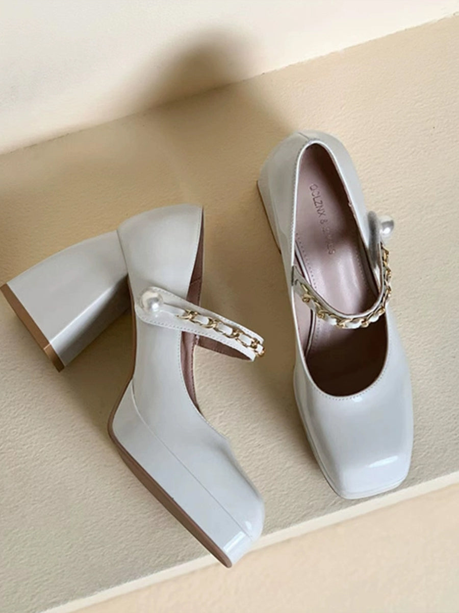 Metal Chain Pearl Chunky Heel Mary Jane Pumps