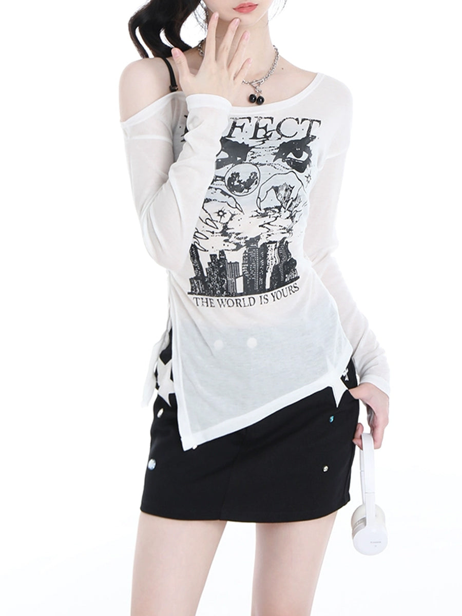 Printed Strapless Long Sleeve Top