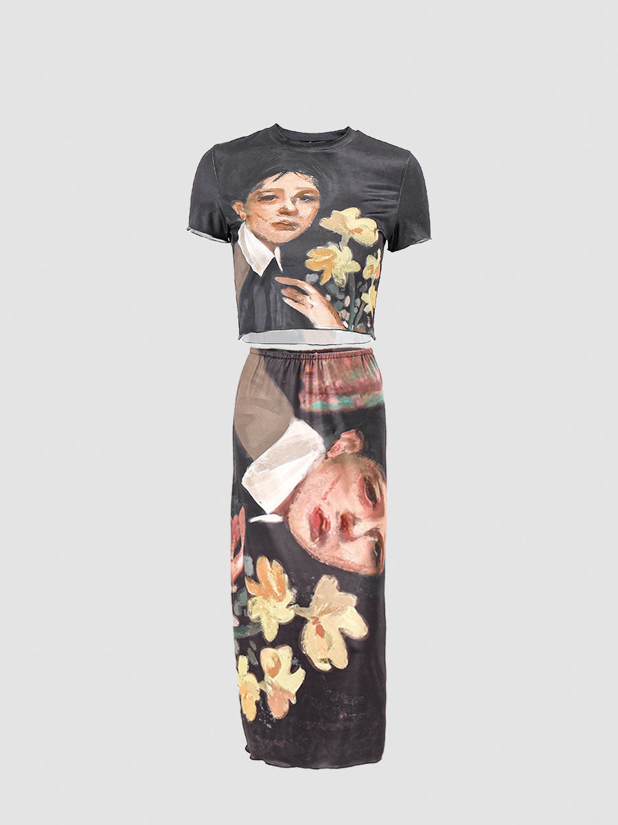 Oil painting Short Sleeve Top + Long Skirt Set