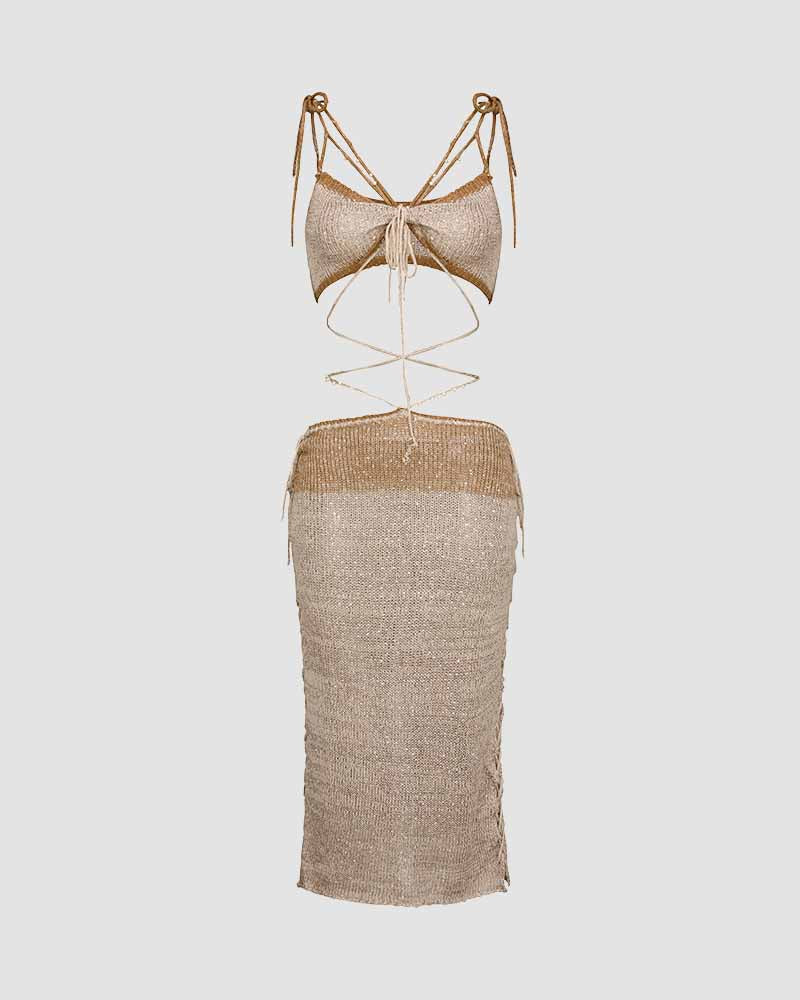 Shiny Crochet Short Skirt Coord Set