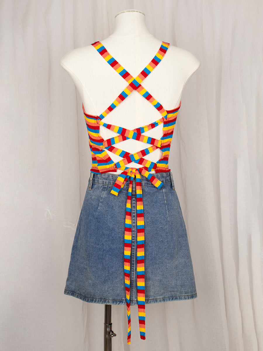 Rainbow Cherry Lace Up Backless Crop Cami Top with Accessories