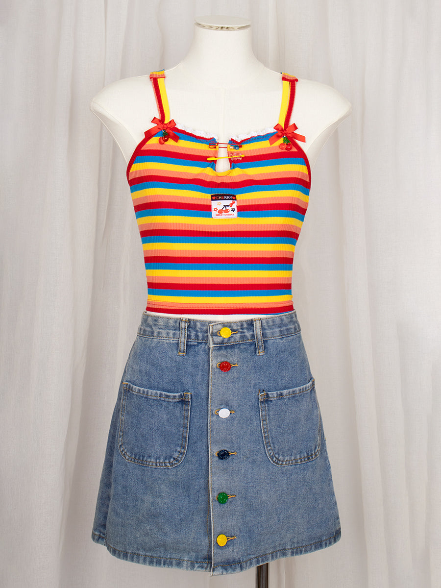 Rainbow Cherry Lace Up Backless Crop Cami Top with Accessories