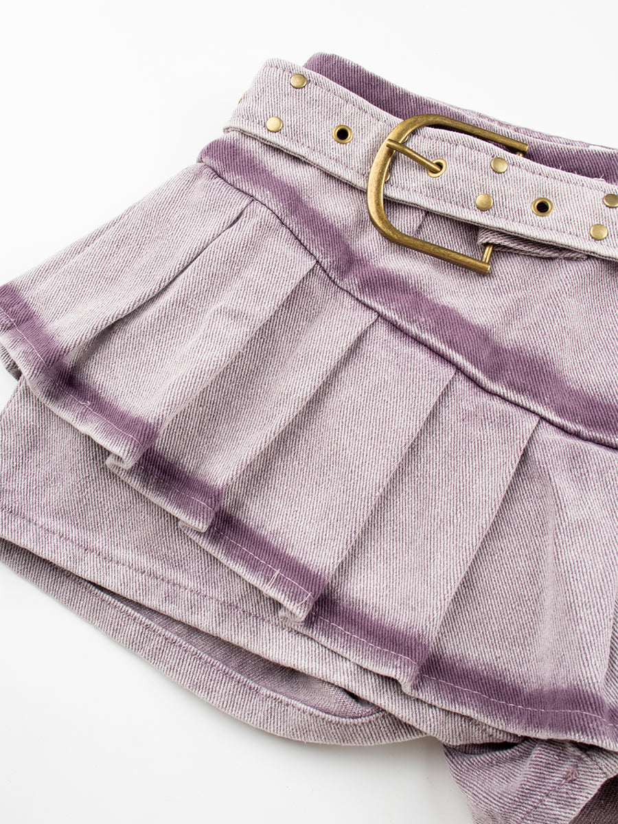 Fake Two Piece Patchwork Denim Pleated Hem Shorts