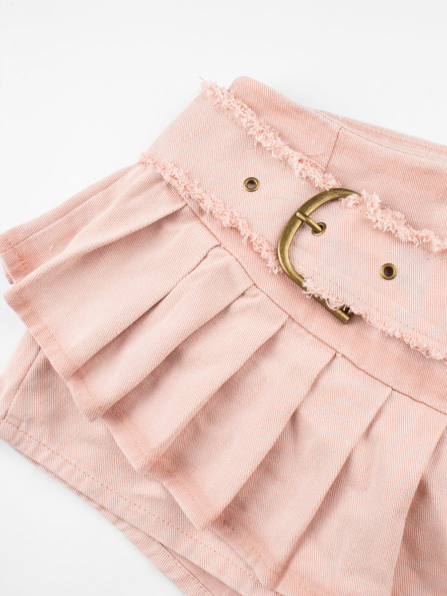 Fake Two Piece Patchwork Denim Pleated Hem Shorts