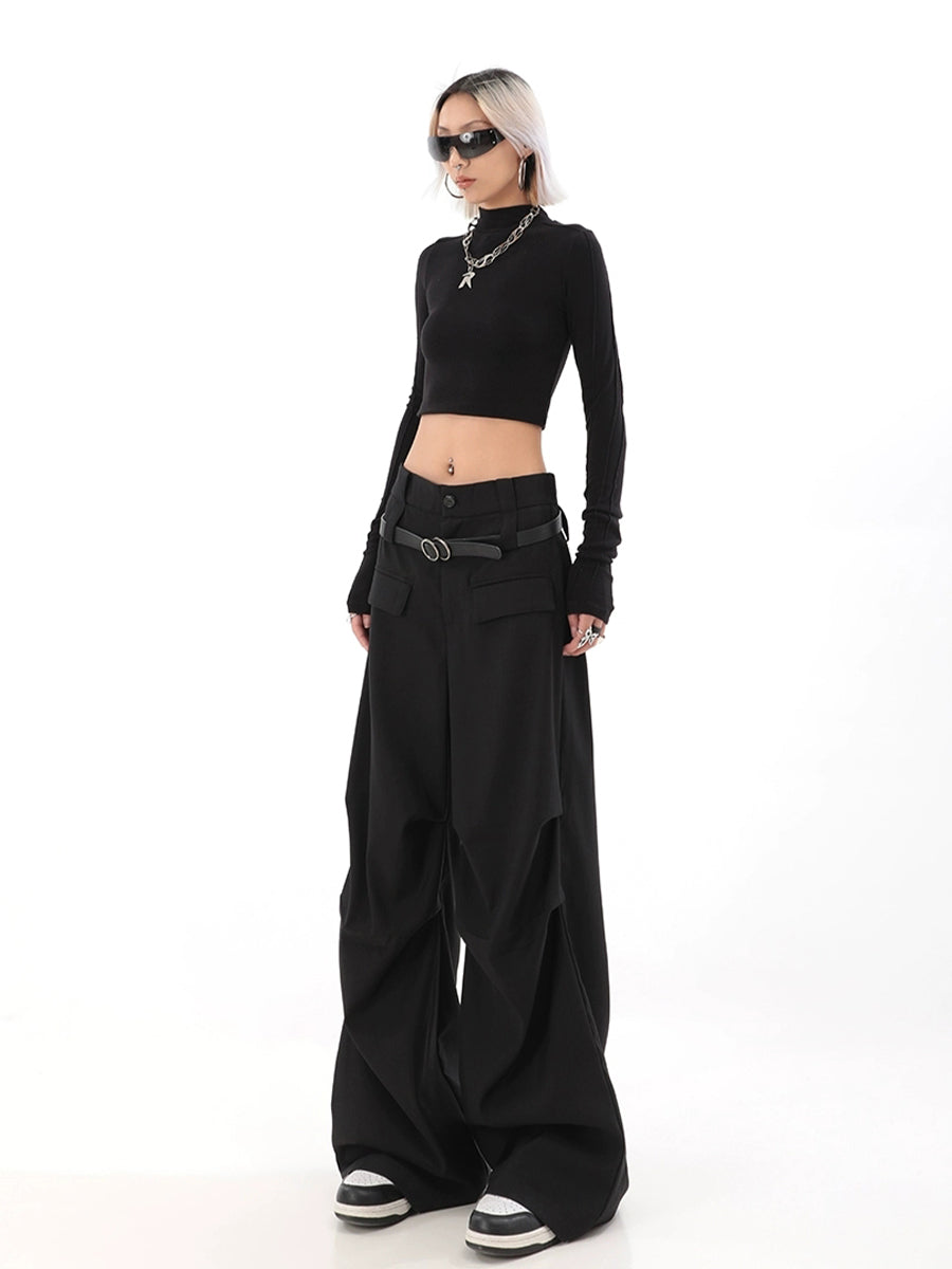 Solid Color Pleated Contour Suit Pants with Belt