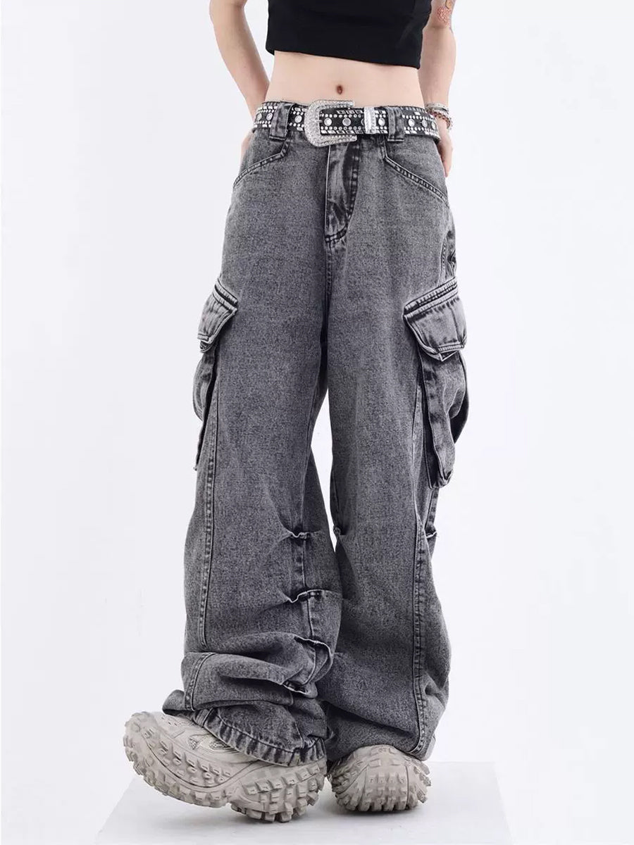 Gray High Rise Wide Cargo Jeans Pockets Pants