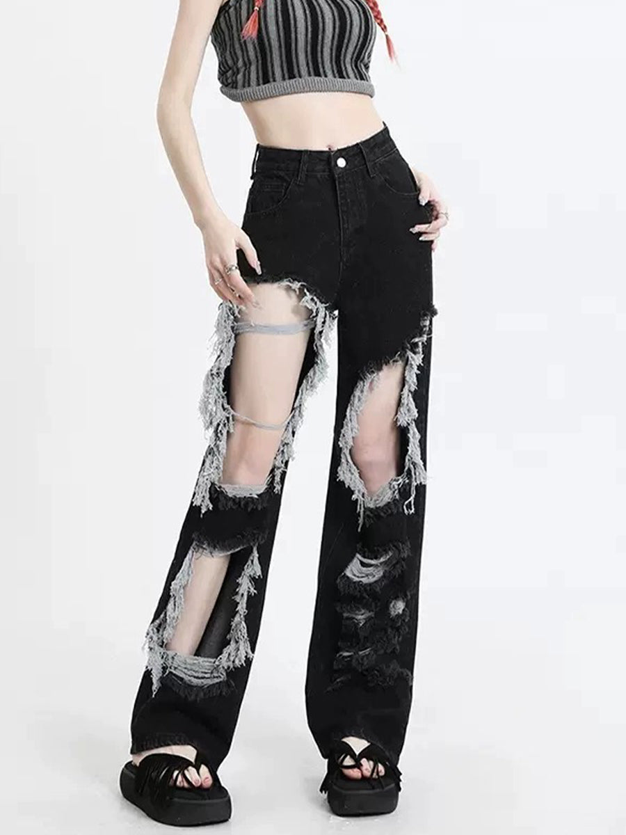 Black High-Waisted Baggy Wide-Leg Ripped Jeans