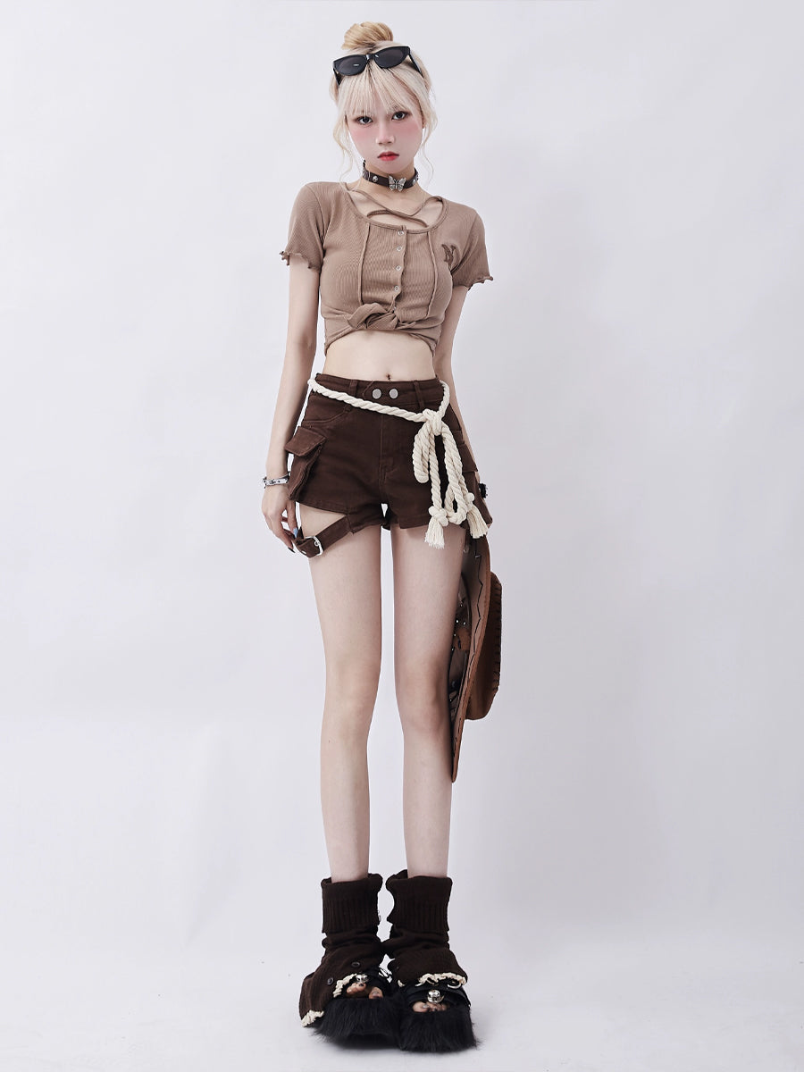 Brown Denim Shorts With Belt