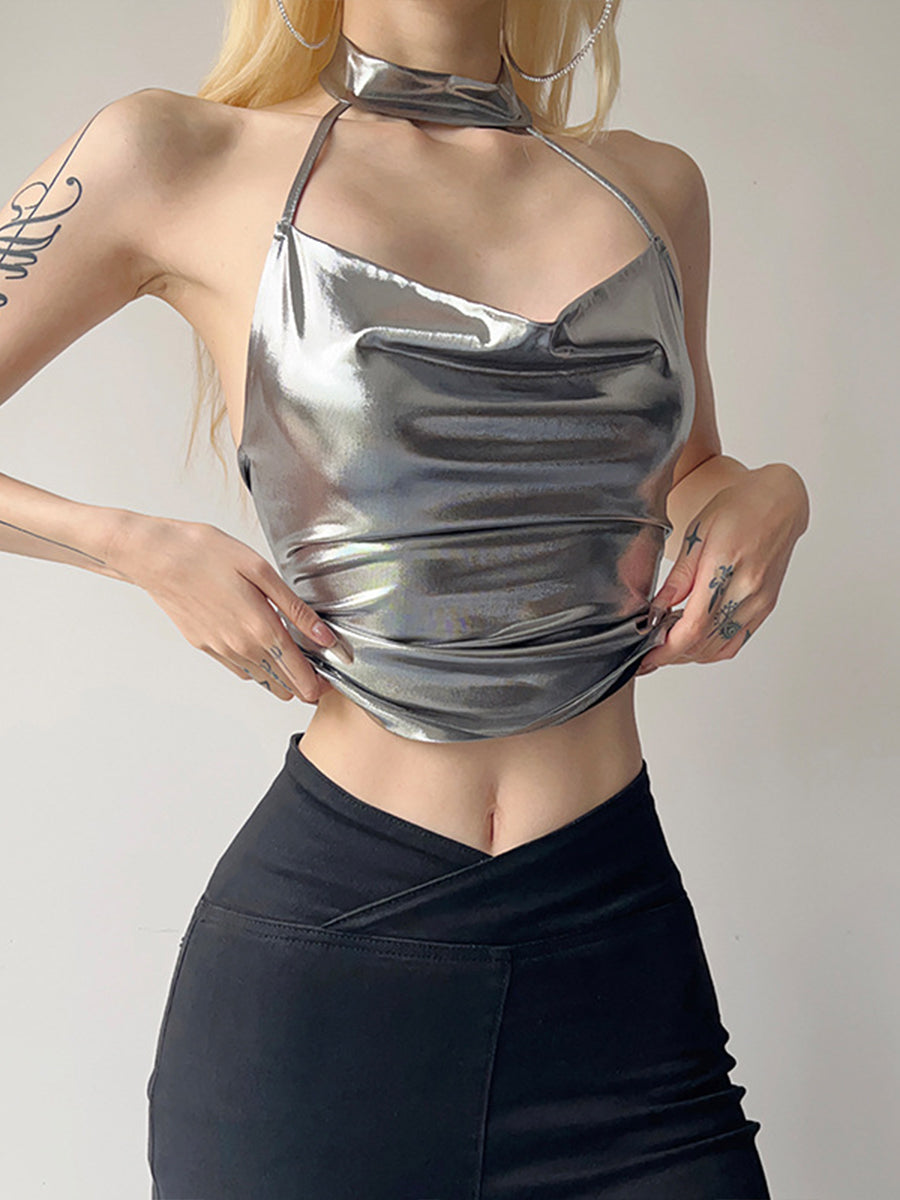 Silver Shiny Chain Halter Top