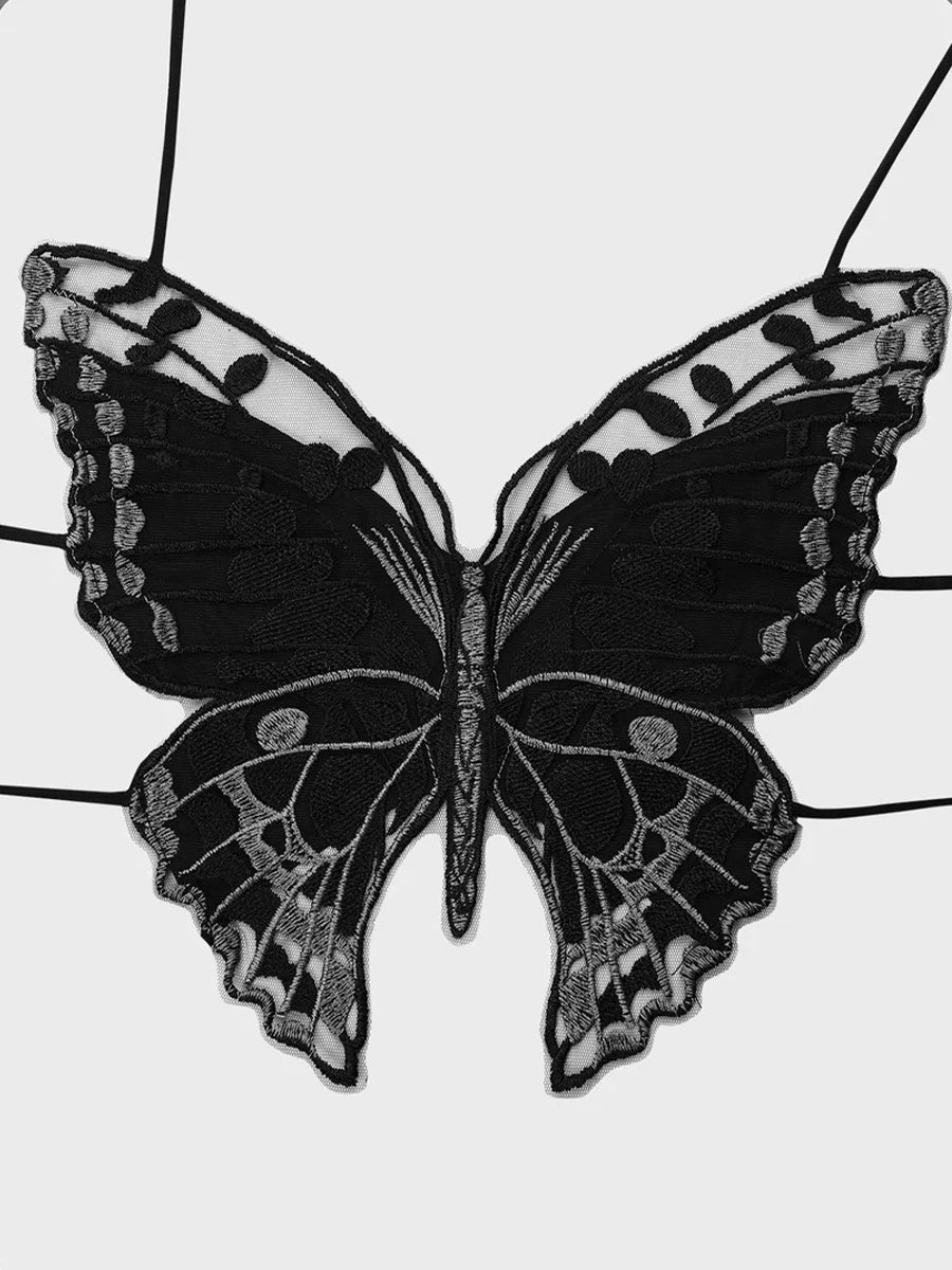 Lace Butterfly Halter Top&Black Brassiere