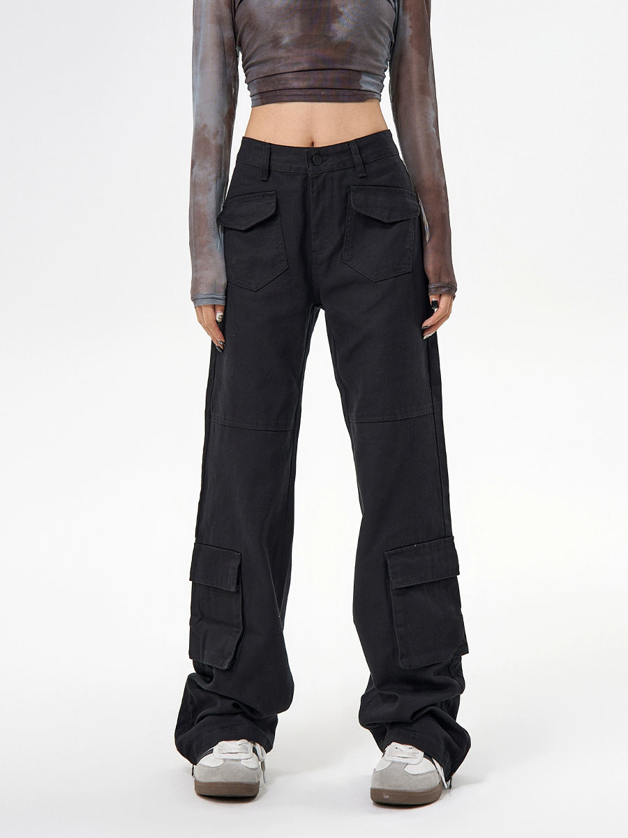 Solid Color Loose Multi-Pocket Casual Pants