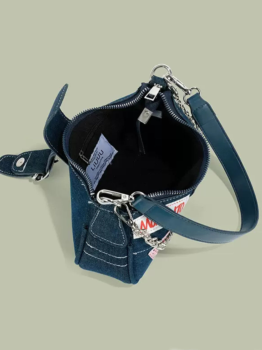 Chain Denim Baguette Handbag