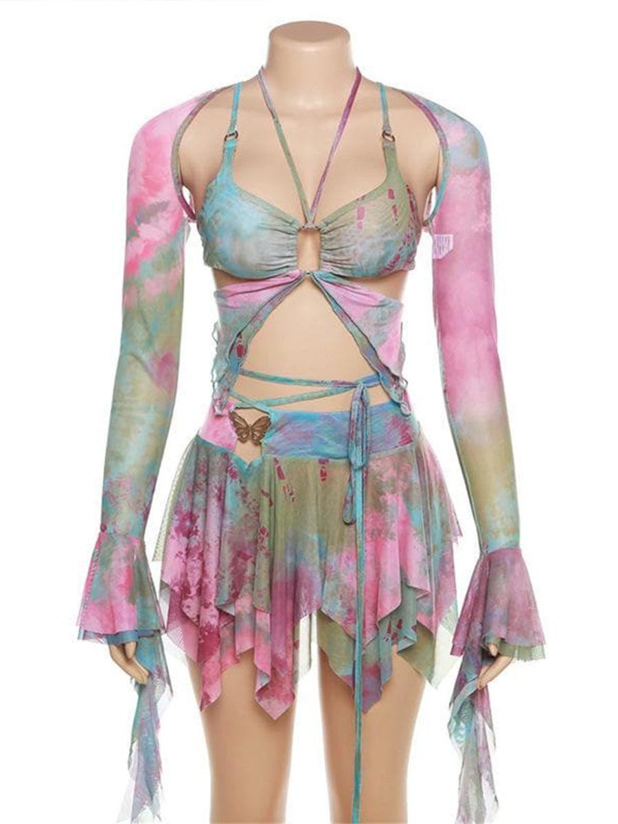 Flared Sleeve Tie Dye O Ring Self Tie Halter Low Cut Mini Skirt Set