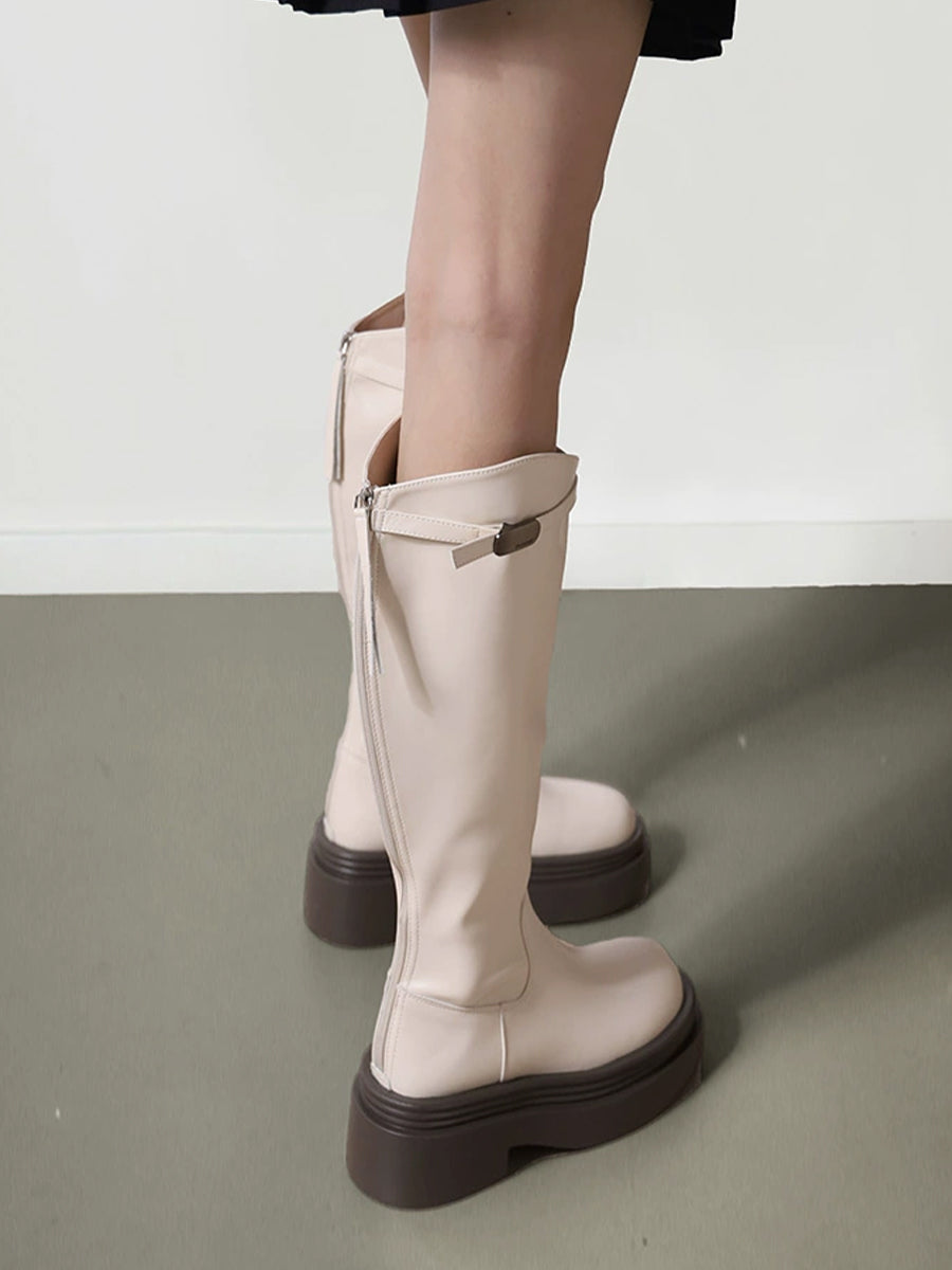Women's Solid Color Zipper Height Increase V Solid Color Boots