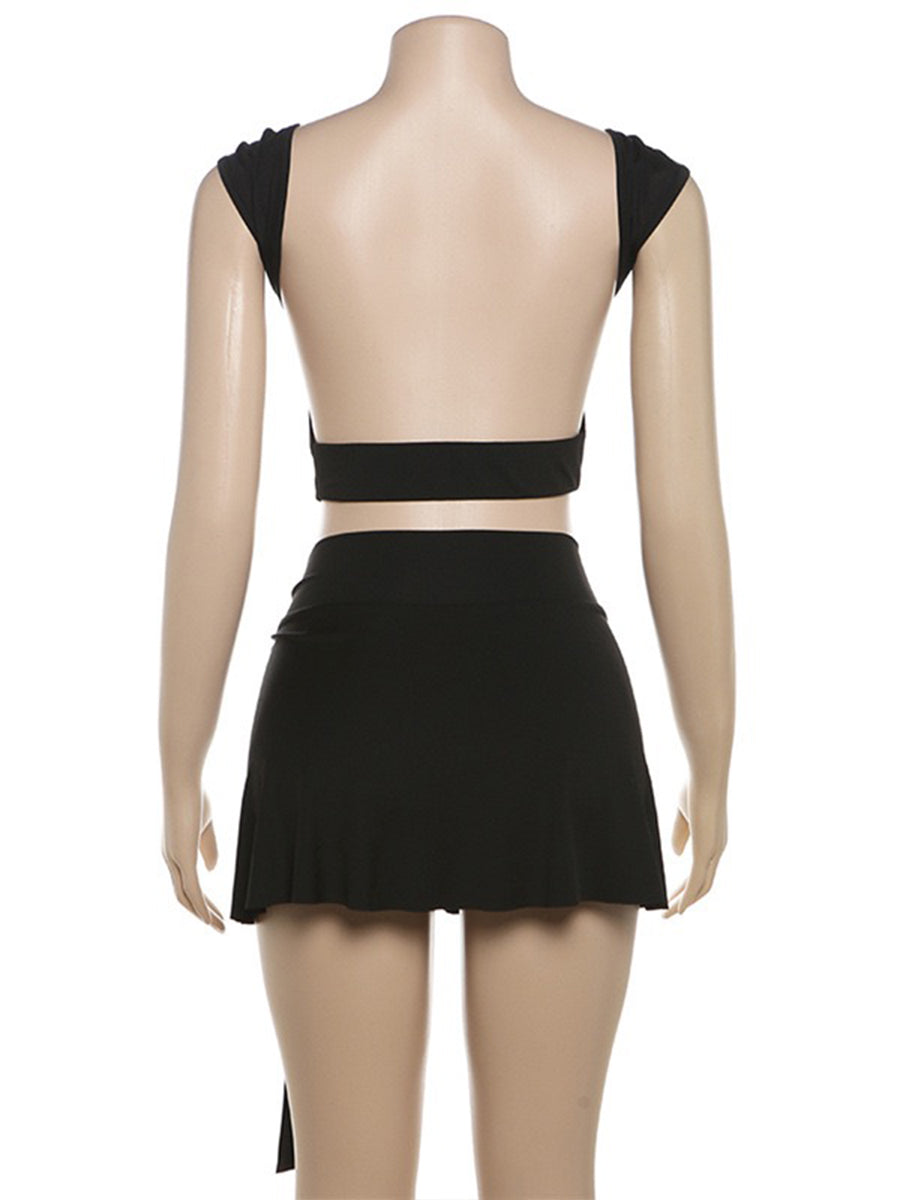 Solid Color Backless Skinny Short Cami Top + Unlined Skirt Two Piece Set