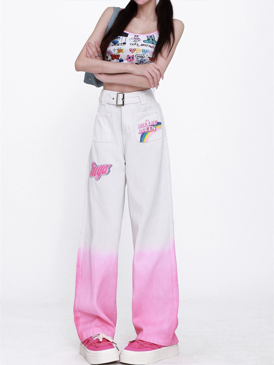 Gradient Color Cartoon Print Cargo Jeans Pants