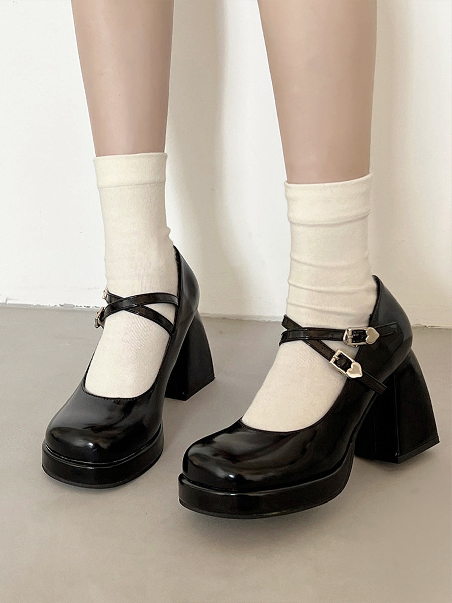Crossover Ankle Straps Round Toe Chunky Heeled Mary Jane Pumps