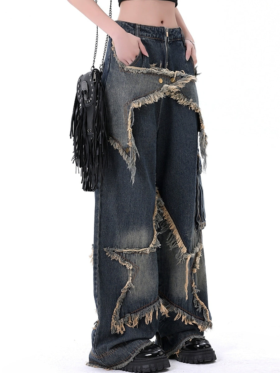 Vintage Patchwork Star Shape Raw Trim Loose Fit Jeans