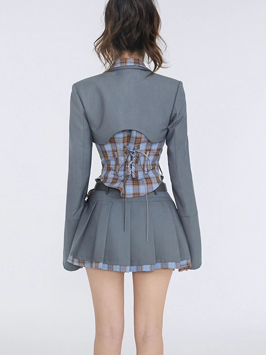 Fake Two Piece Suit Shirt Top + Pleated Skirt Set
