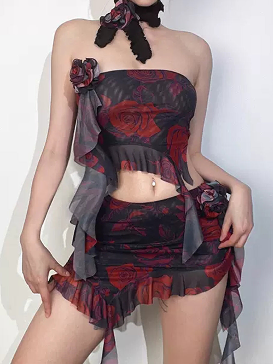 Floral Printed Rose Accessory Slim Fit Strapless Top+Skirt+Rose Choker Two Piece Suit