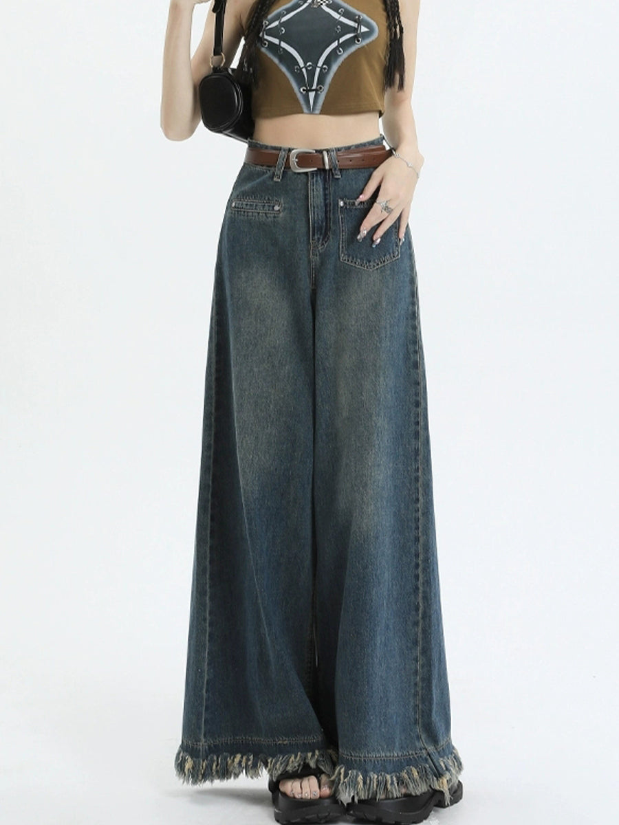 Solid Color Denim Wide Leg Jeans Pants