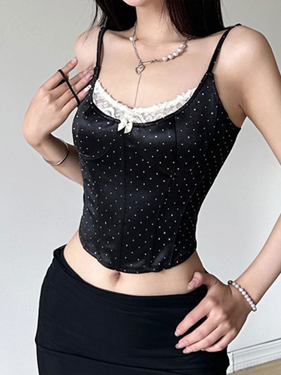 Y2K Corseted Fishbone Polka Dot Cami Top