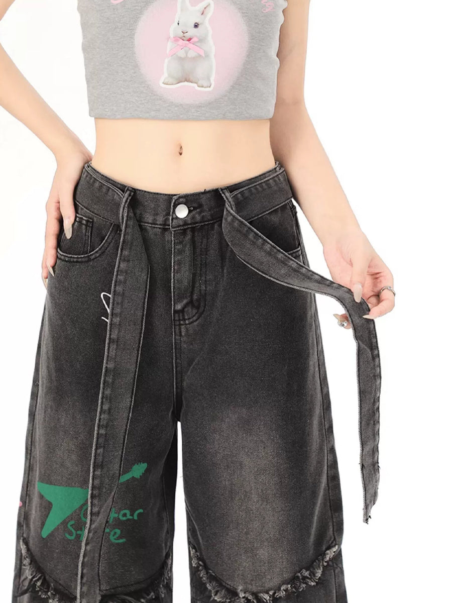 Pentagram Butterfly Print Denim Loose Pants
