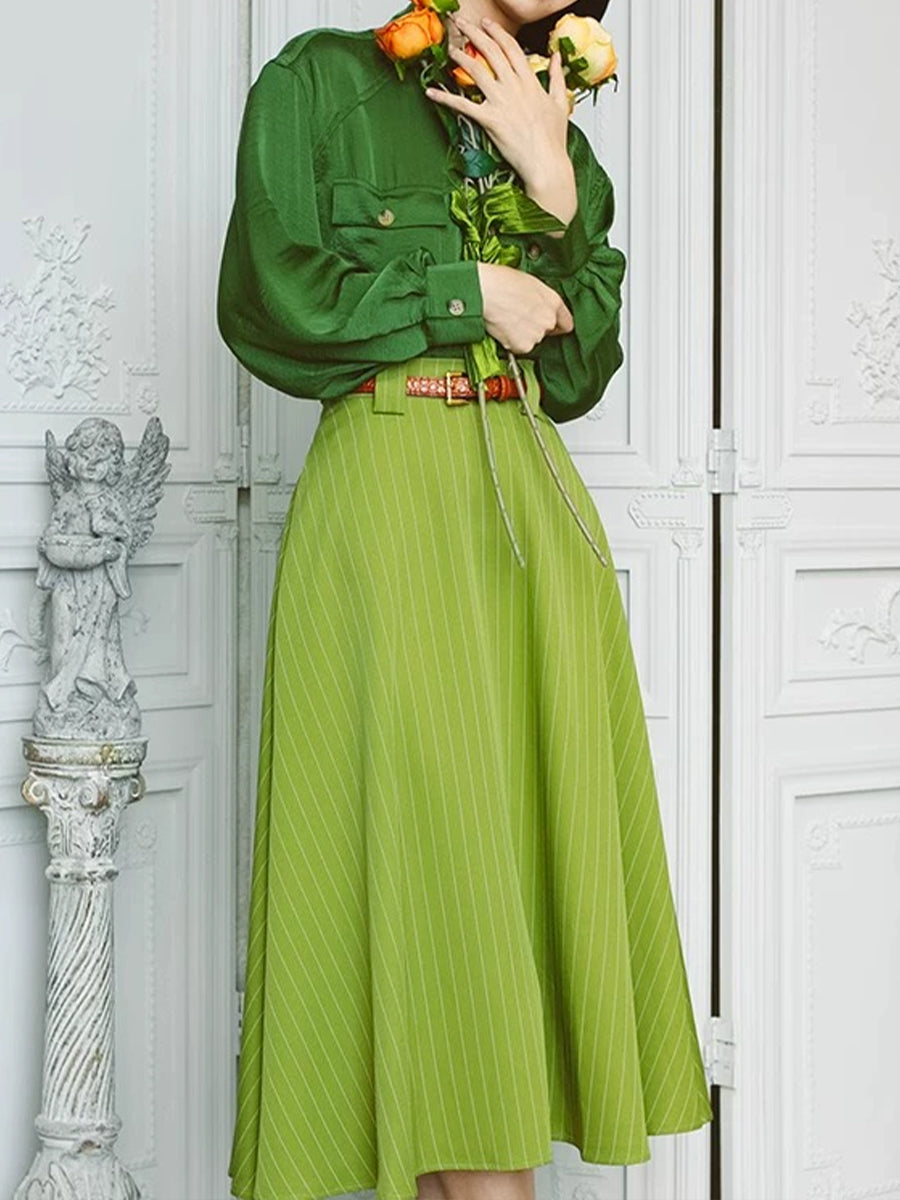 Women's Classy Fall/Winter Green Line Long Skirt with Belt