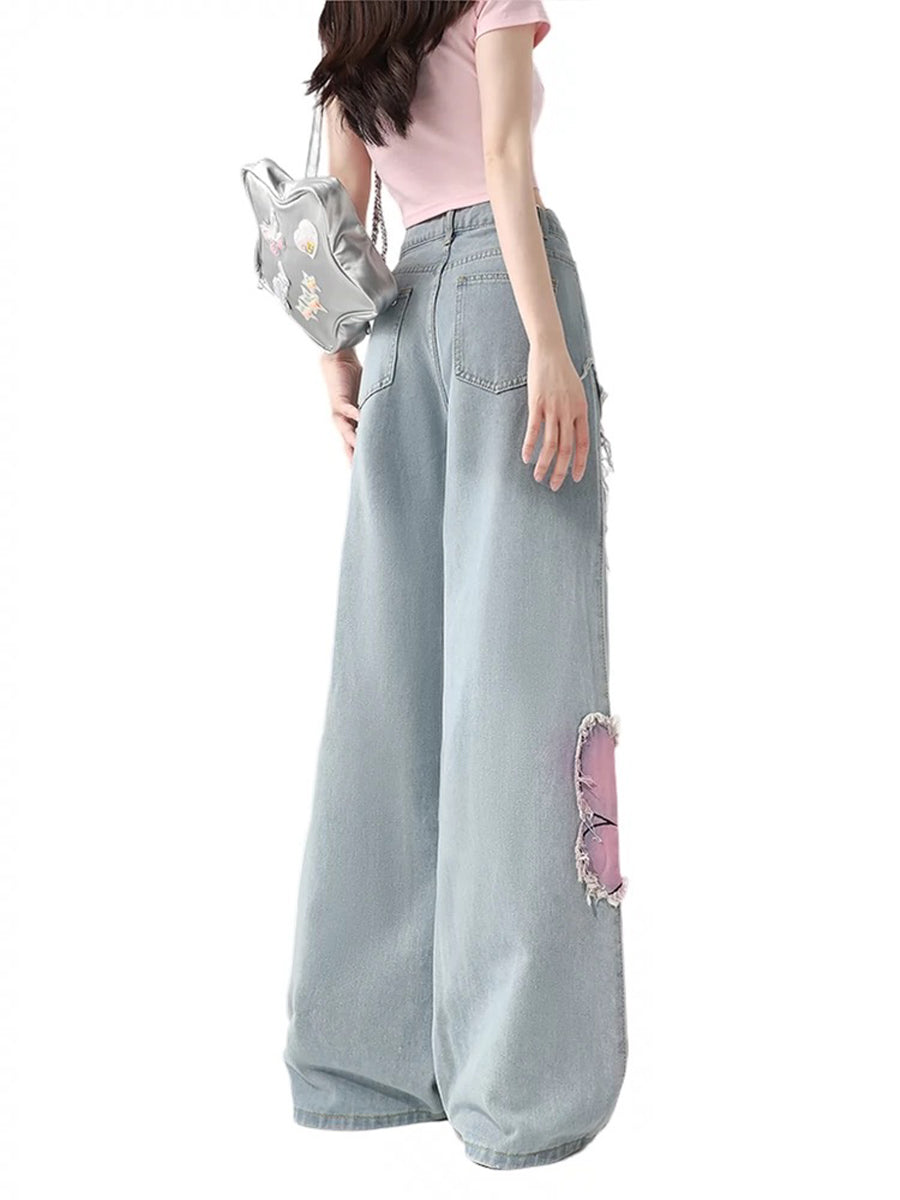 Butterfly Patchwork Loose Frayed Hem Jeans