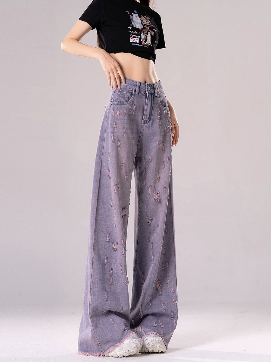 High Waist Purple Ripped Loose Denim Jeans