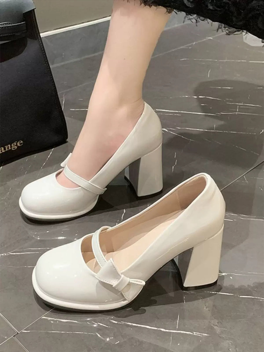 Bow Tie Decoration Chunky Heeled Ankle Strap Mary Jane Pumps Shoes