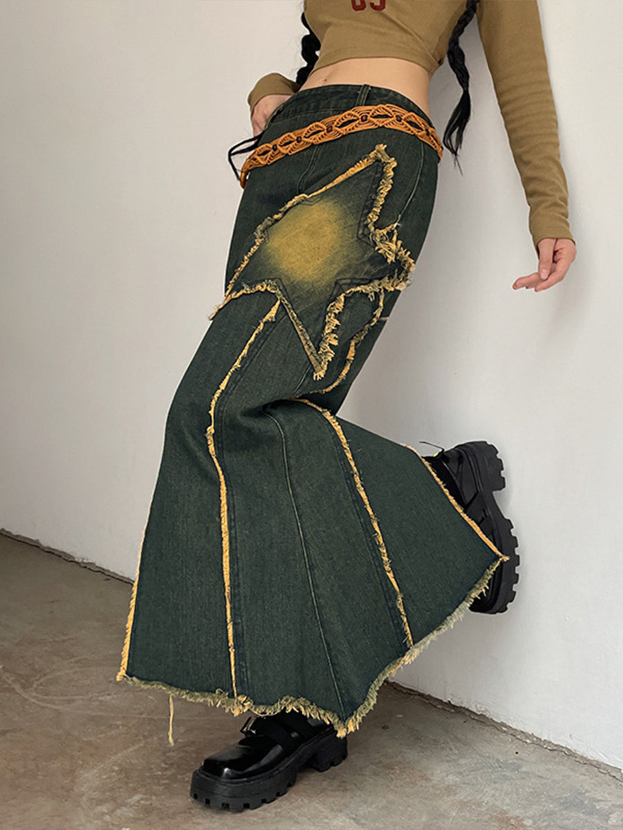 Star Irregular Hem Denim Long Skirt